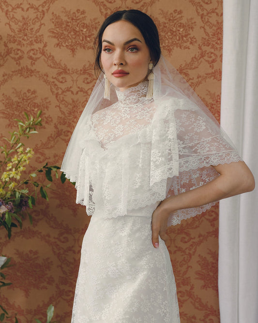 VINTAGE IVORY LACE HIGH-NECK DRESS WITH CAPE COLLAR