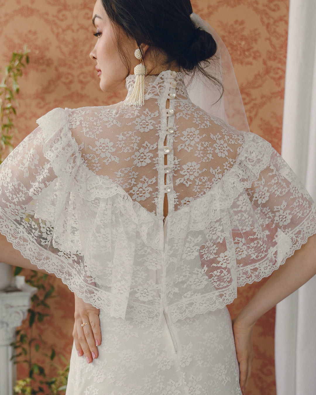 Vintage Ivory Lace High-Neck Dress With Cape Collar