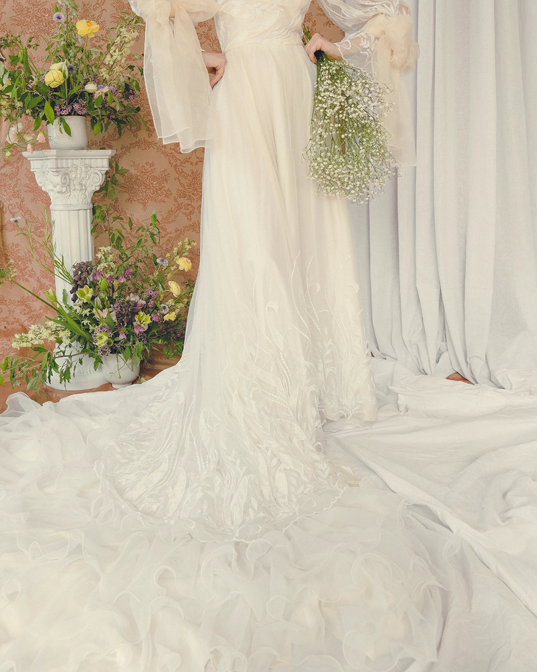 Vintage Bow-Sleeve Wedding Gown With Detachable Tiered Train