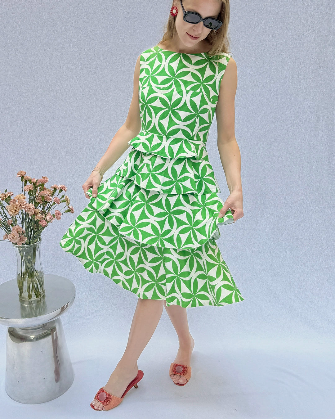 1960s-Style Mod Print Sheath Dress With Tiered Flounce Skirt