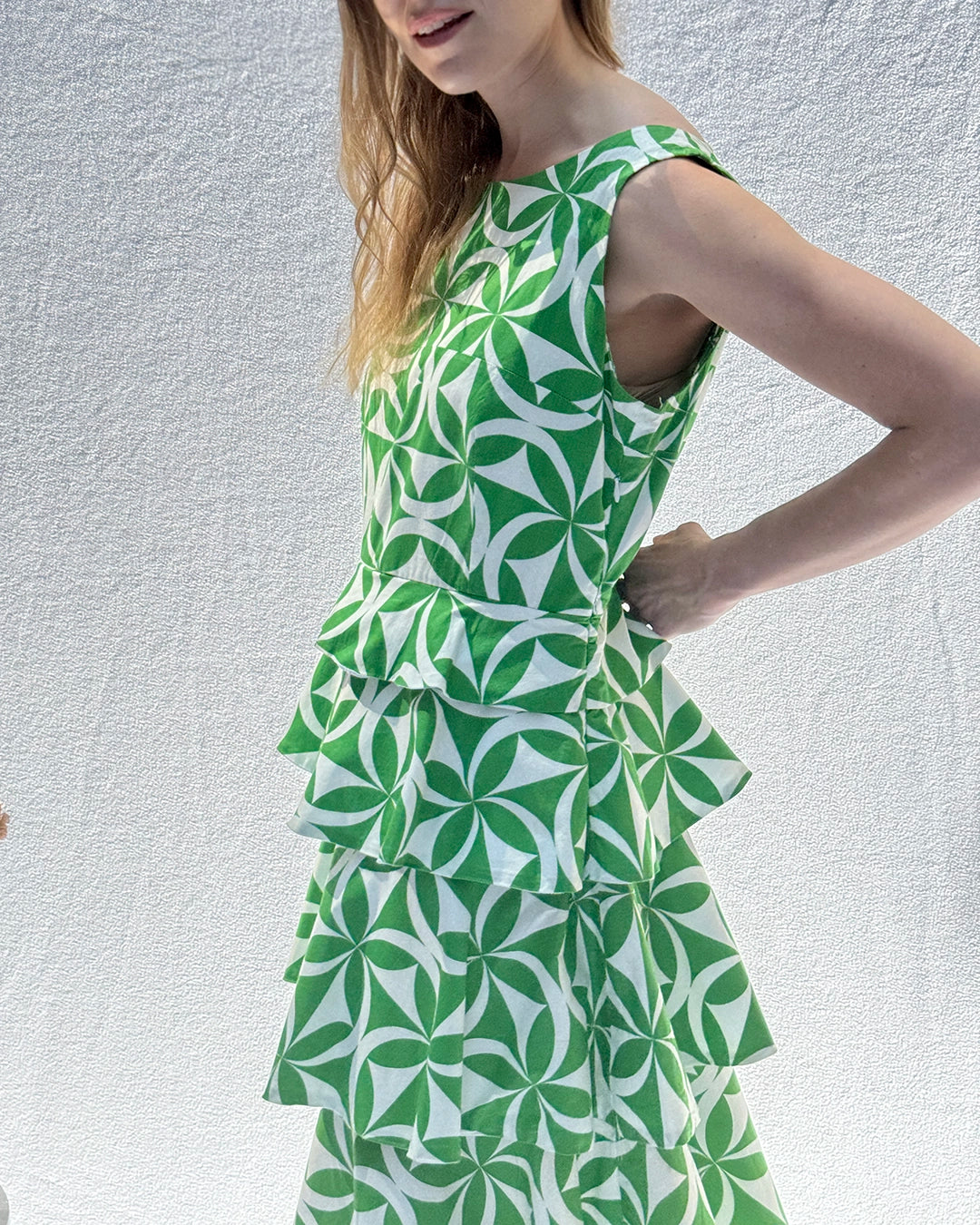 1960s-Style Mod Print Sheath Dress With Tiered Flounce Skirt
