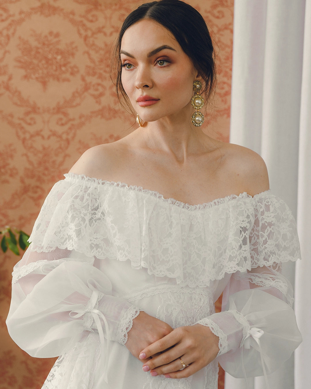 Vintage Off-The-Shoulder Lace Bridal Gown With Tiered Watteau-Style Train