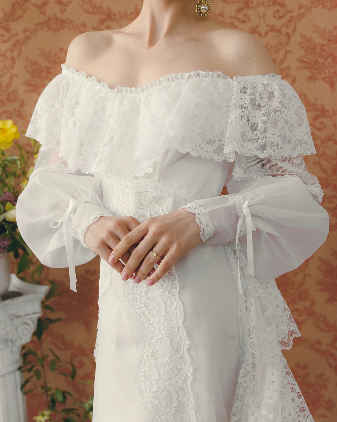 Vintage Off-The-Shoulder Lace Bridal Gown With Tiered Watteau-Style Train