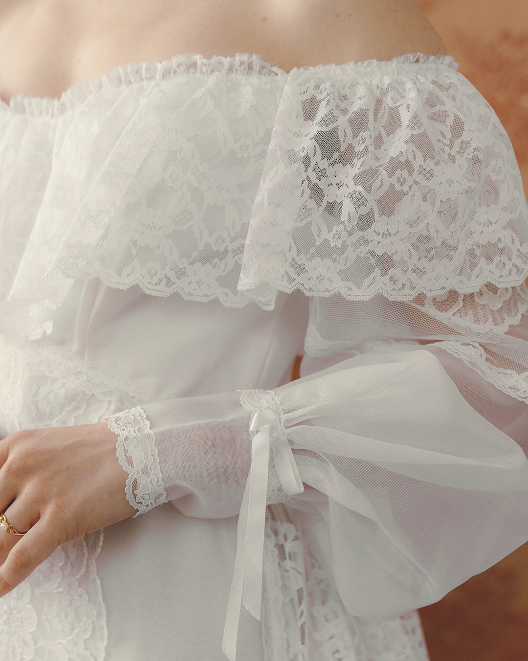 Vintage Off-The-Shoulder Lace Bridal Gown With Tiered Watteau-Style Train