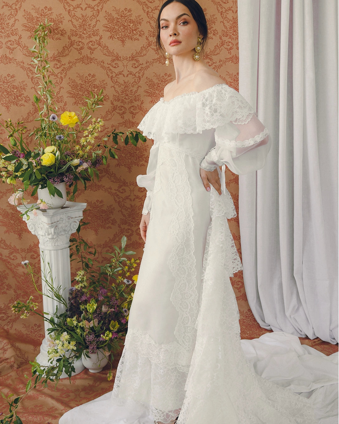 Vintage Off-The-Shoulder Lace Bridal Gown With Tiered Watteau-Style Train