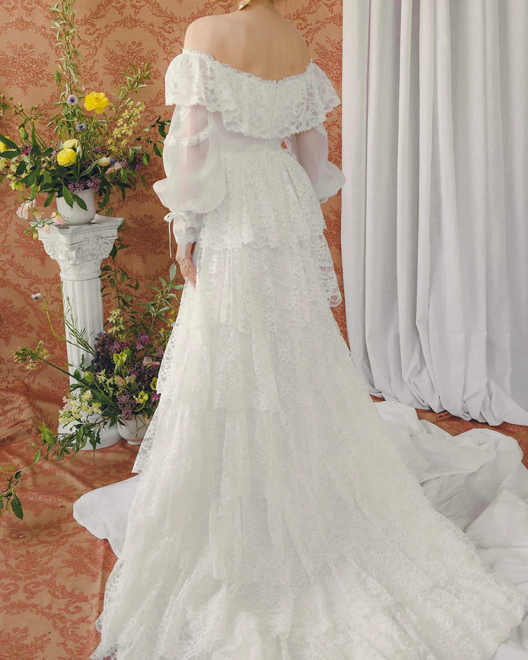 Vintage Off-The-Shoulder Lace Bridal Gown With Tiered Watteau-Style Train
