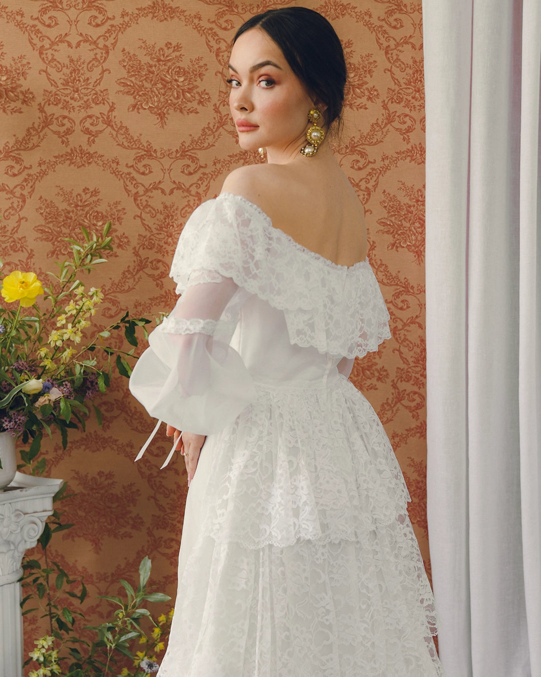 Vintage Off-The-Shoulder Lace Bridal Gown With Tiered Watteau-Style Train