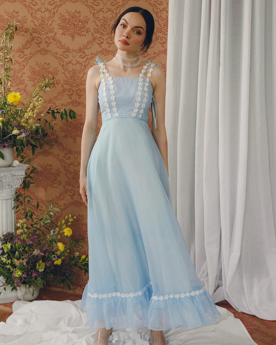 Vintage Ombré Swiss Dot Dress With Floral Crochet Appliqué