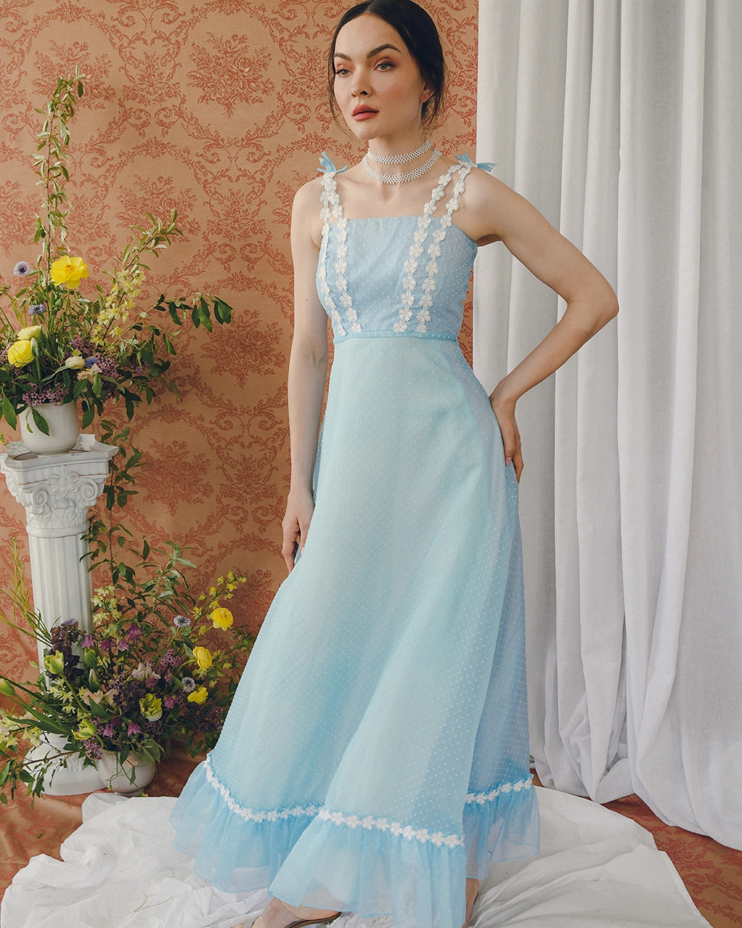 Vintage Ombré Swiss Dot Dress With Floral Crochet Appliqué