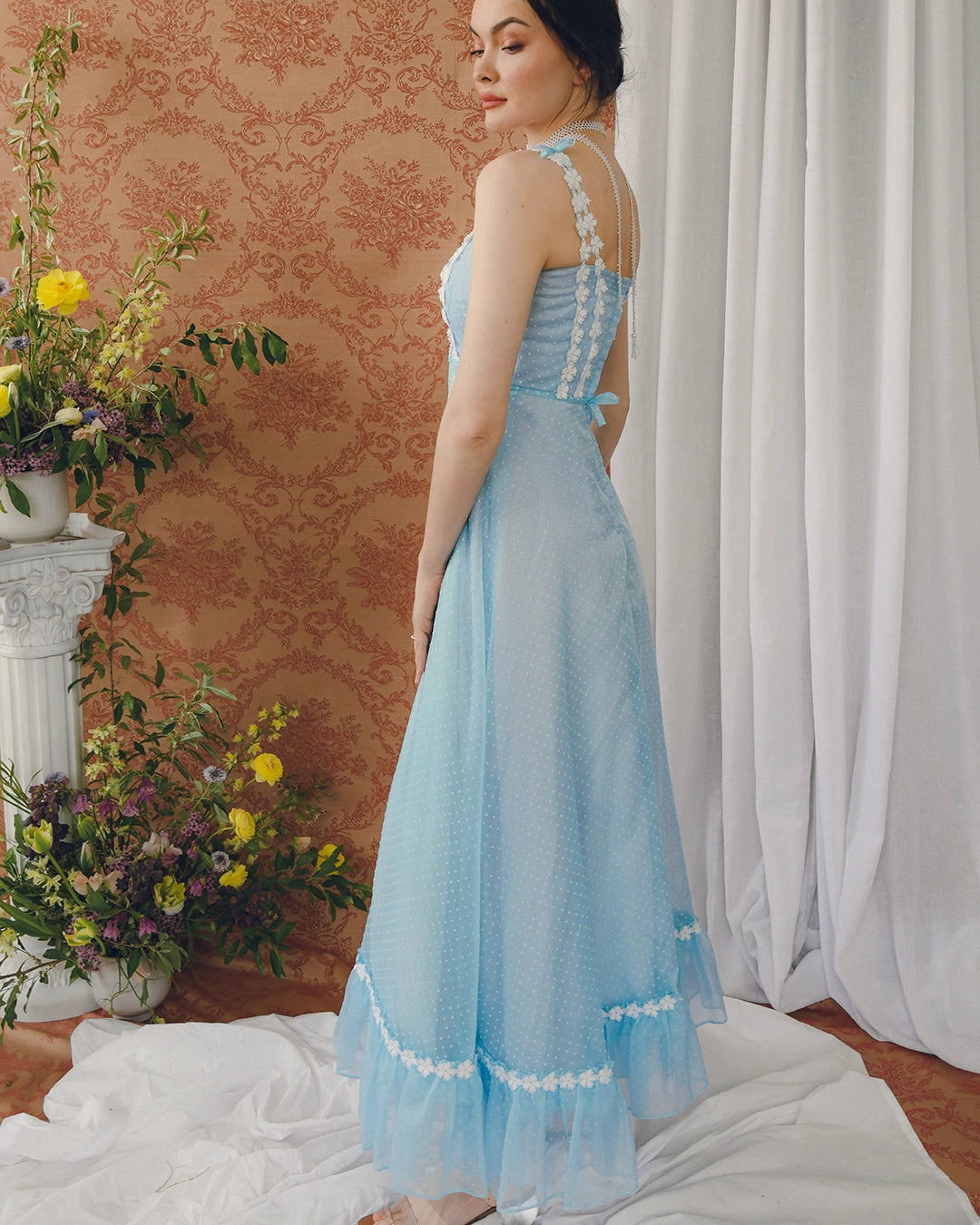 Vintage Ombré Swiss Dot Dress With Floral Crochet Appliqué