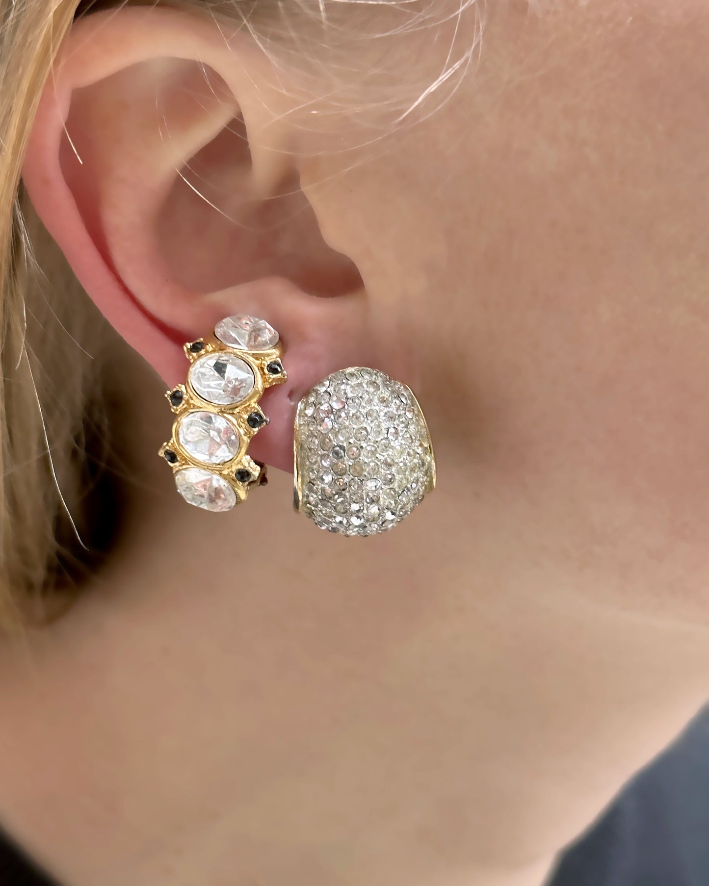 Vintage Oval-Cut Crystal Half Hoop Earrings