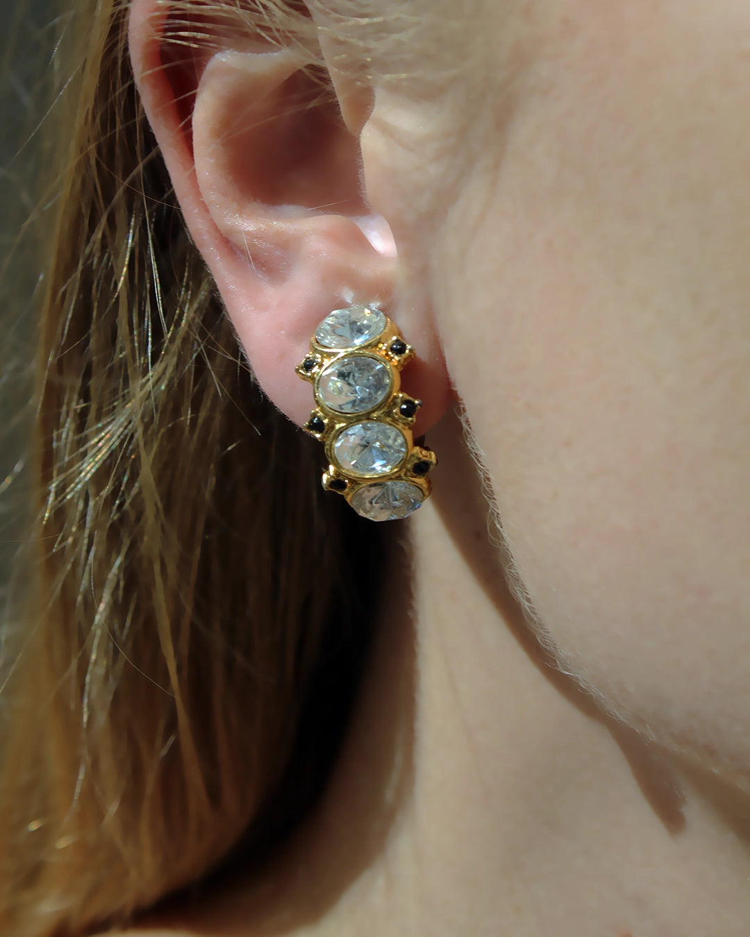 Vintage Oval-Cut Crystal Half Hoop Earrings