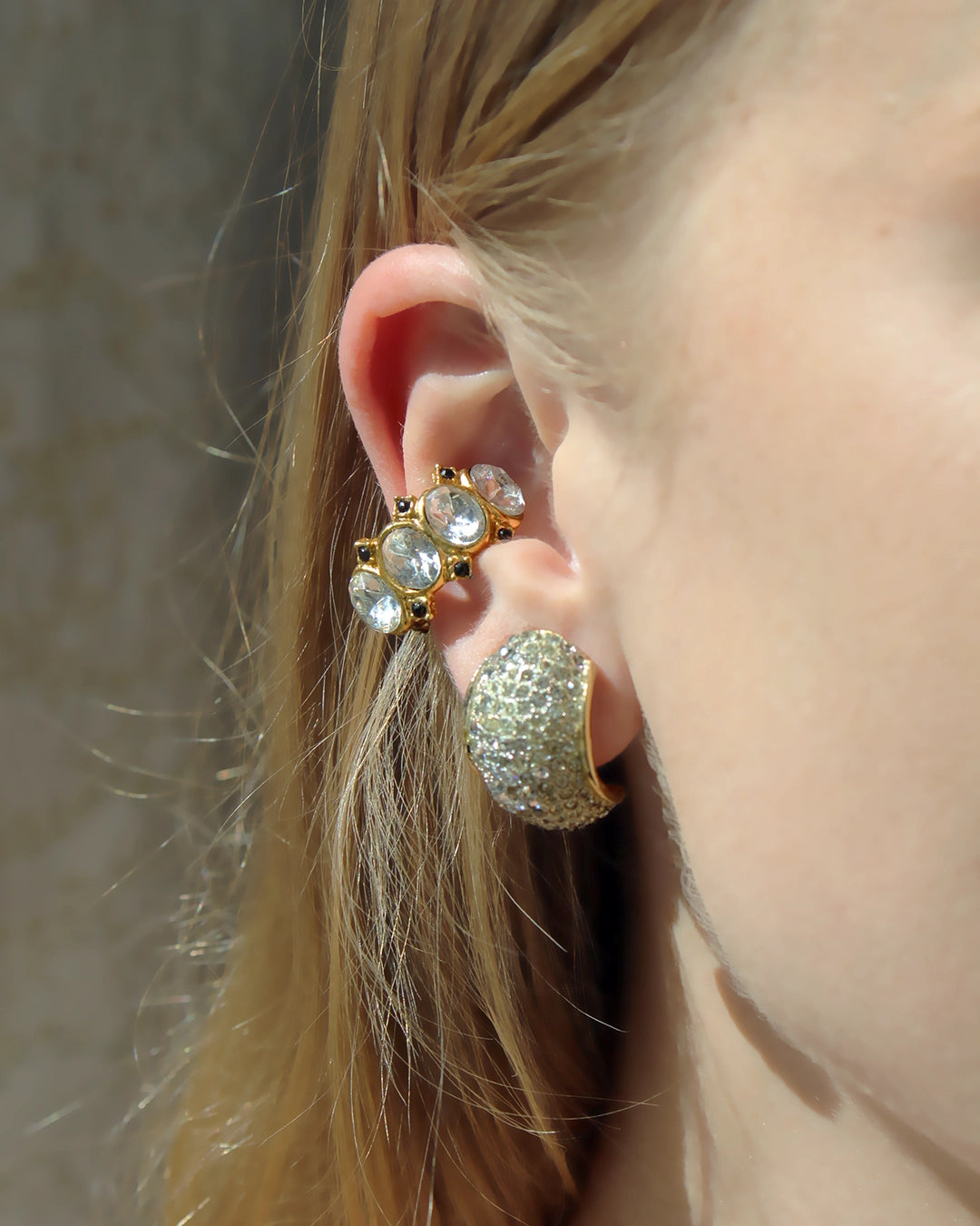 Vintage Oval-Cut Crystal Half Hoop Earrings