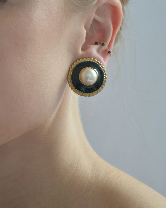 Vintage Pearl And Black Enamel Stud Earrings, clip-on