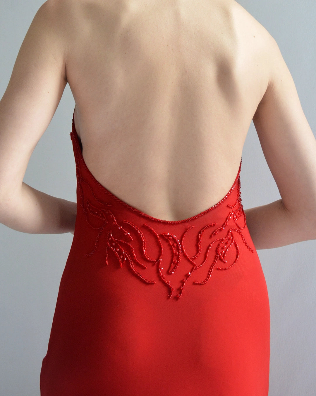 Vintage Red Beaded Chiffon Open-Back Halter Gown
