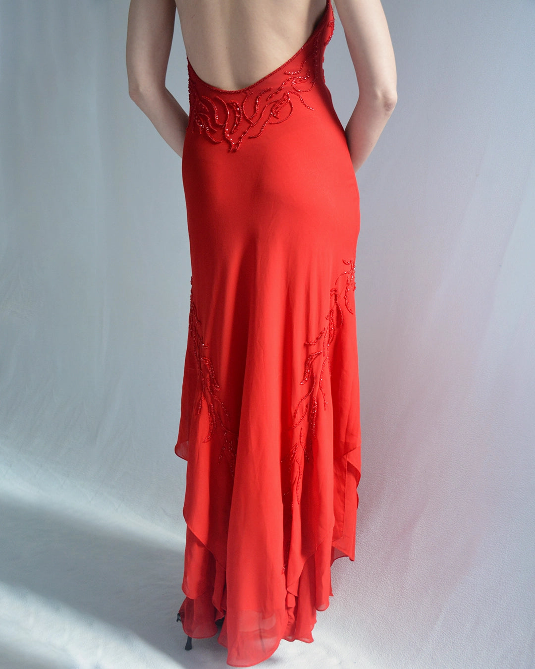 Vintage Red Beaded Chiffon Open-Back Halter Gown