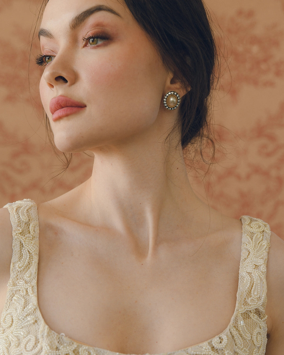 Vintage Victorian-Style Pearl Studs In A Blackened-Gold Crystal Halo