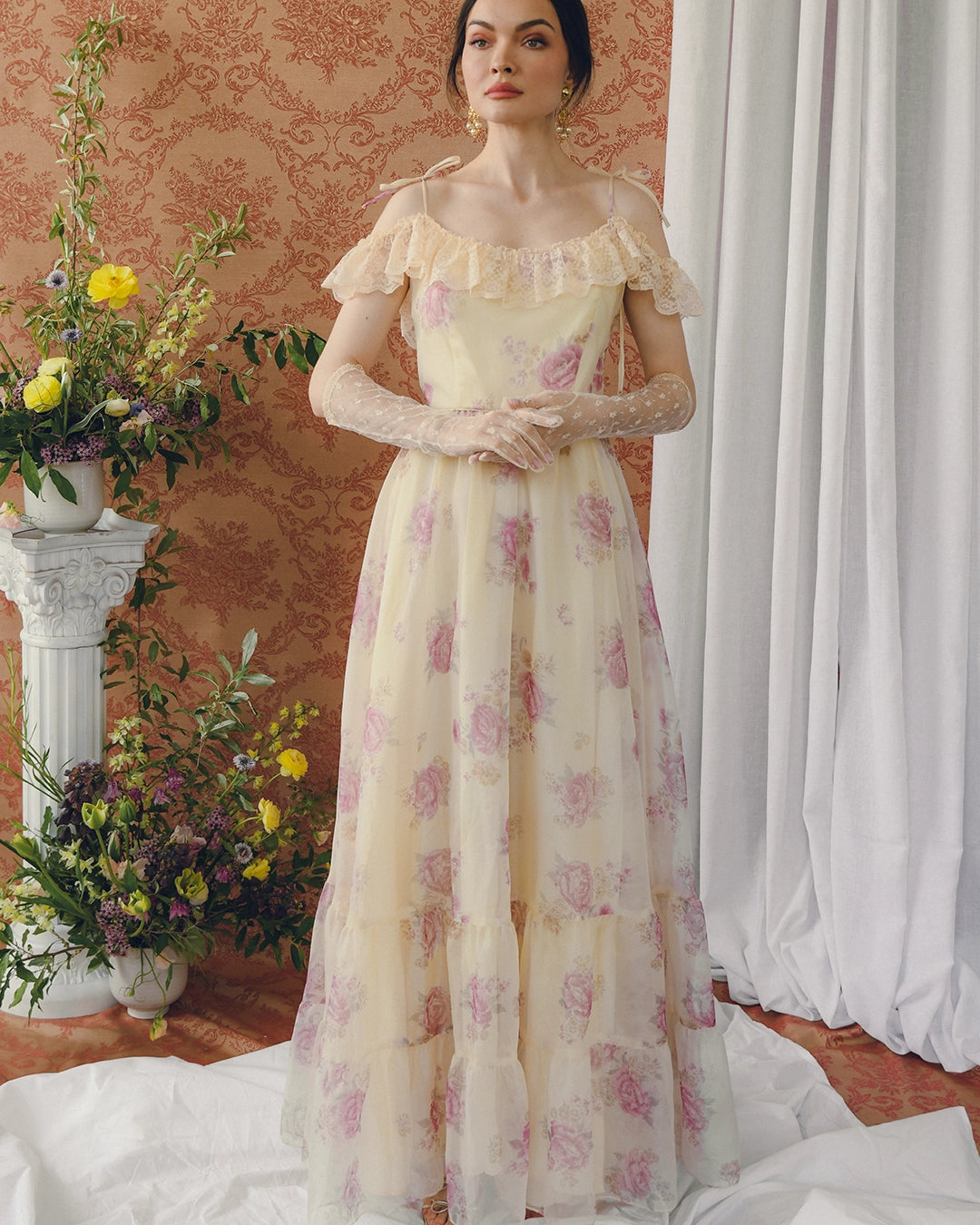 Vintage Watercolor Floral Off-The-Shoulder Maxidress