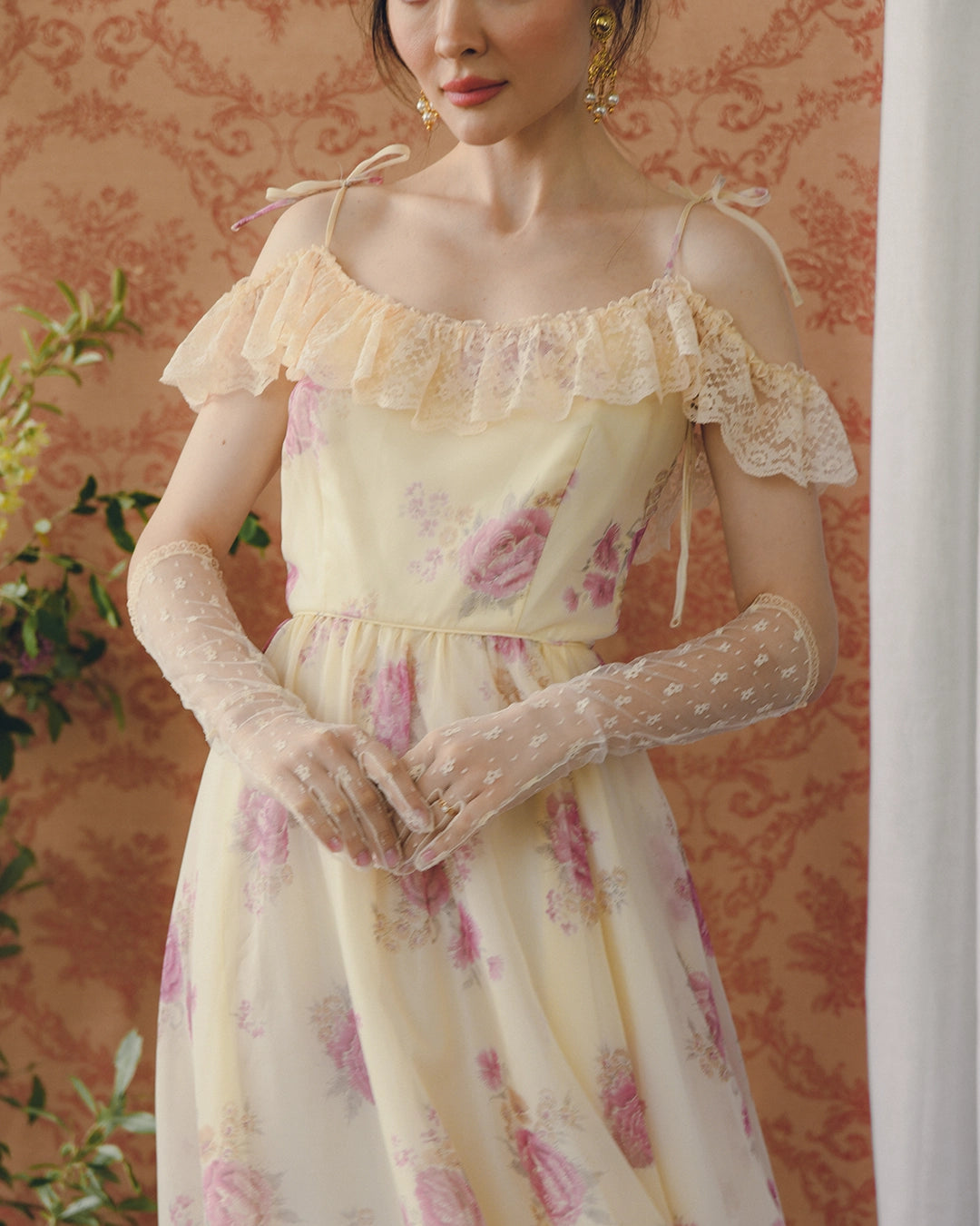 Vintage Watercolor Floral Off-The-Shoulder Maxidress