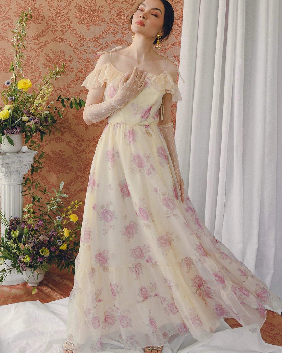 Vintage Watercolor Floral Off-The-Shoulder Maxidress