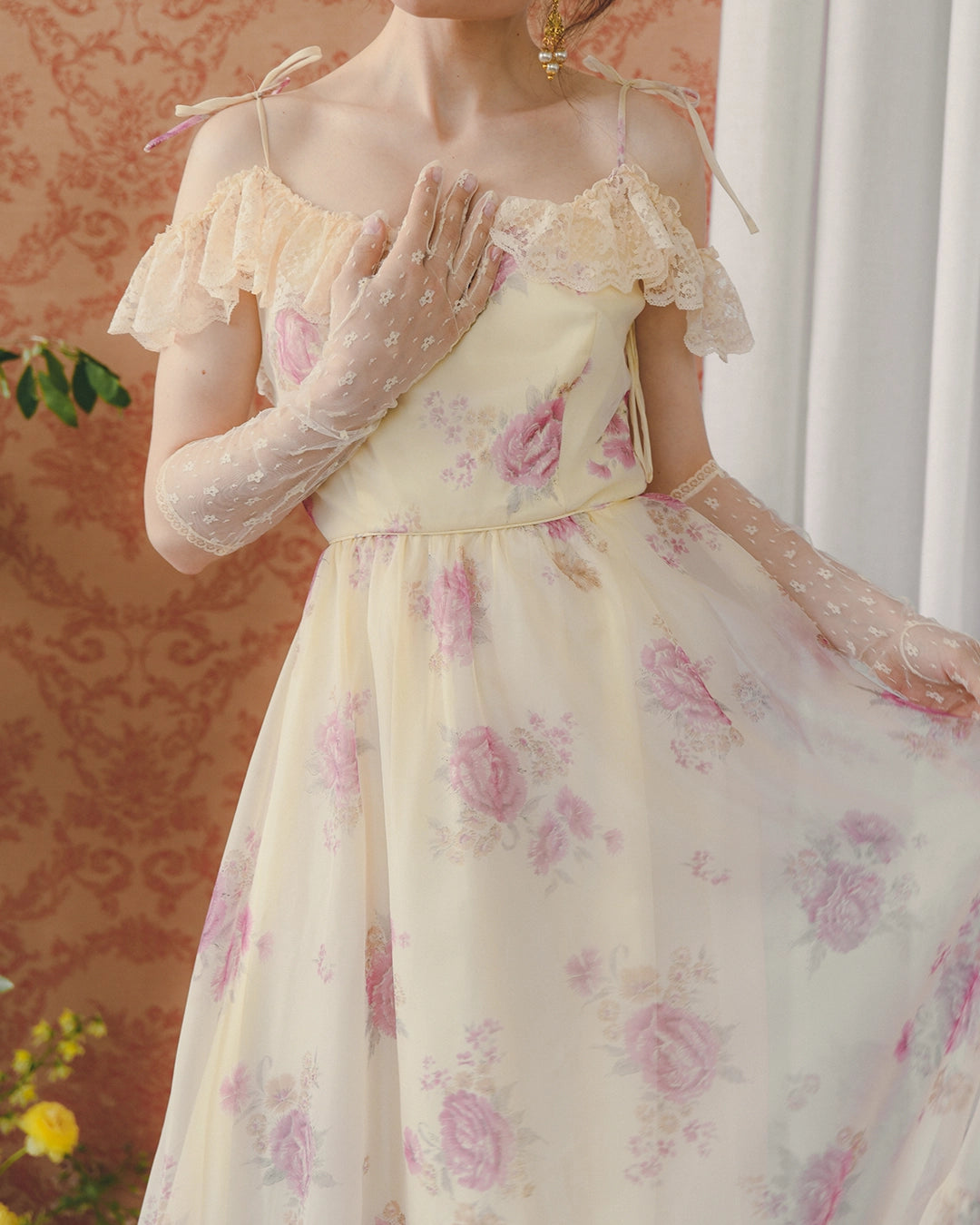 Vintage Watercolor Floral Off-The-Shoulder Maxidress