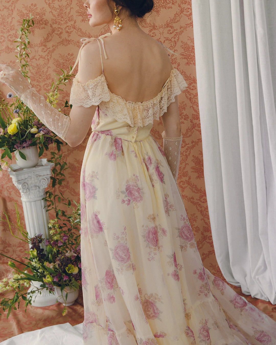 VINTAGE WATERCOLOR FLORAL OFF-THE-SHOULDER MAXIDRESS