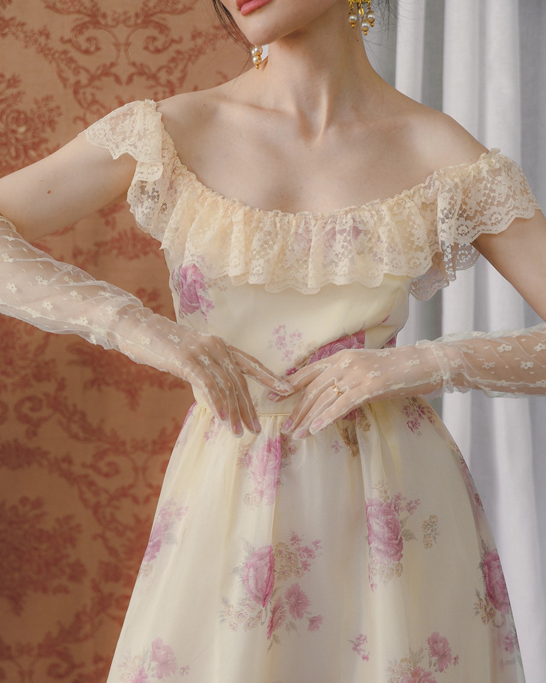 Vintage Watercolor Floral Off-The-Shoulder Maxidress
