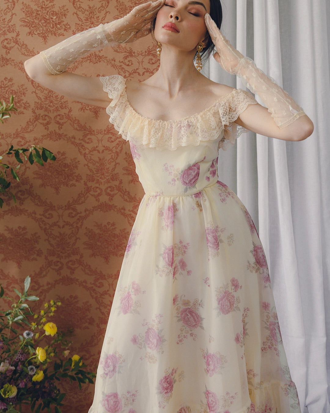 Vintage Watercolor Floral Off-The-Shoulder Maxidress