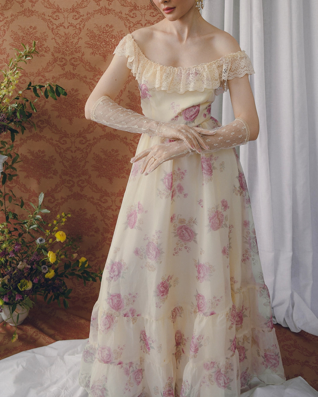 Vintage Watercolor Floral Off-The-Shoulder Maxidress