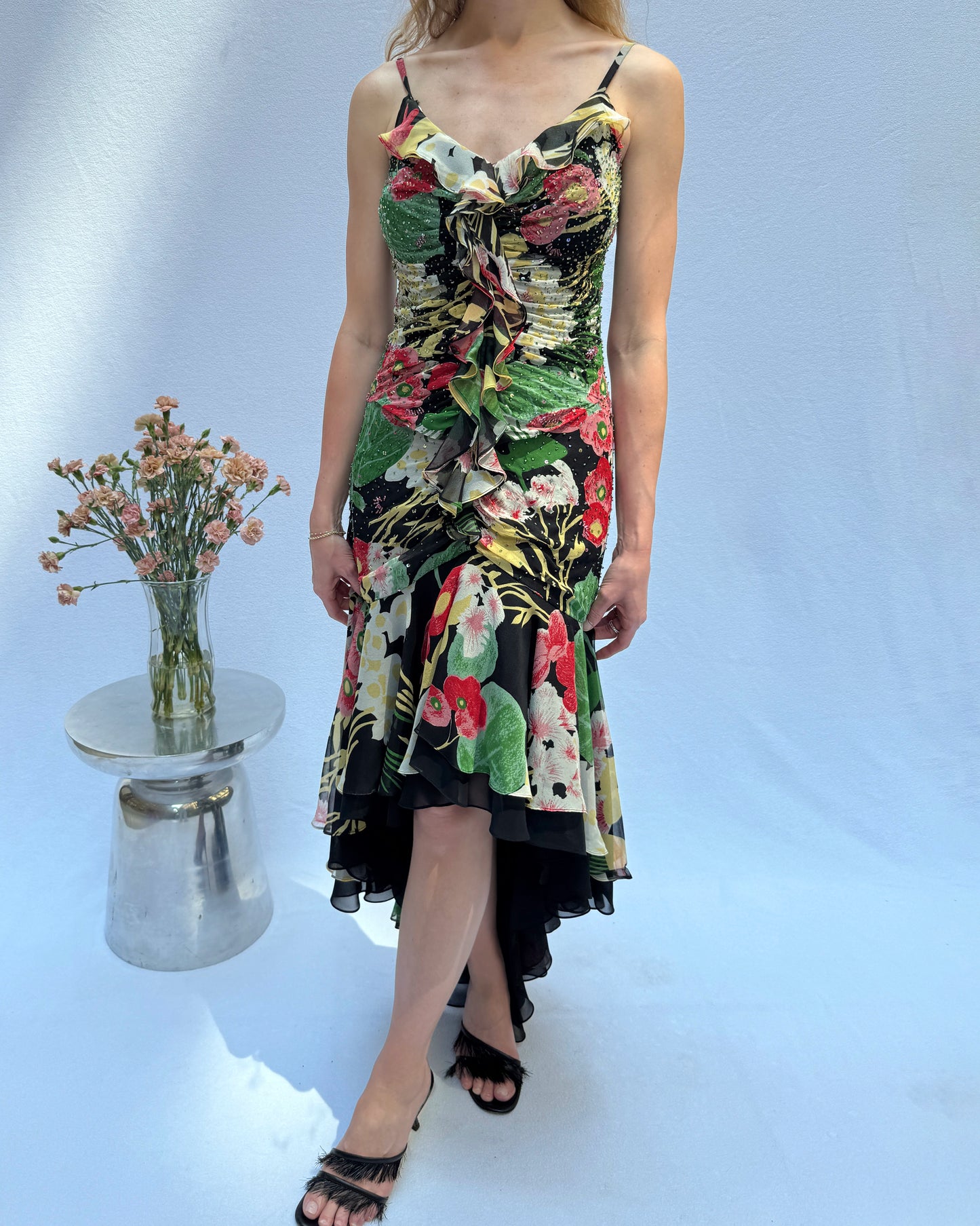 Vintage Y2K Bias-Cut Beaded Dress With Fishtail Hemline