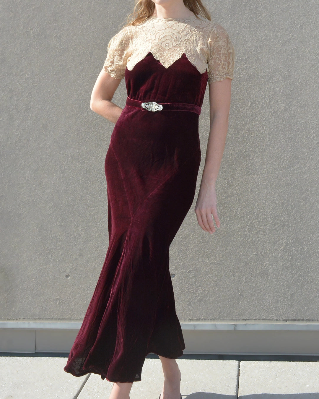 Vintage 1930s Bias-Cut Velvet and Lace Dress with Bolero
