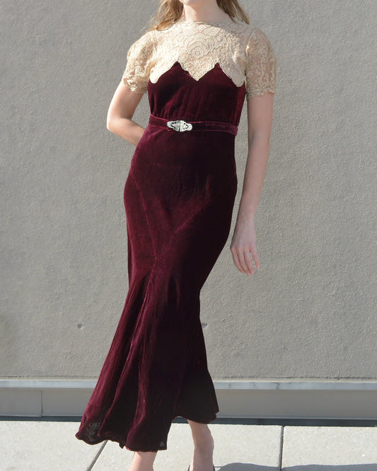 Vintage 1930s Bias-Cut Velvet and Lace Dress with Bolero