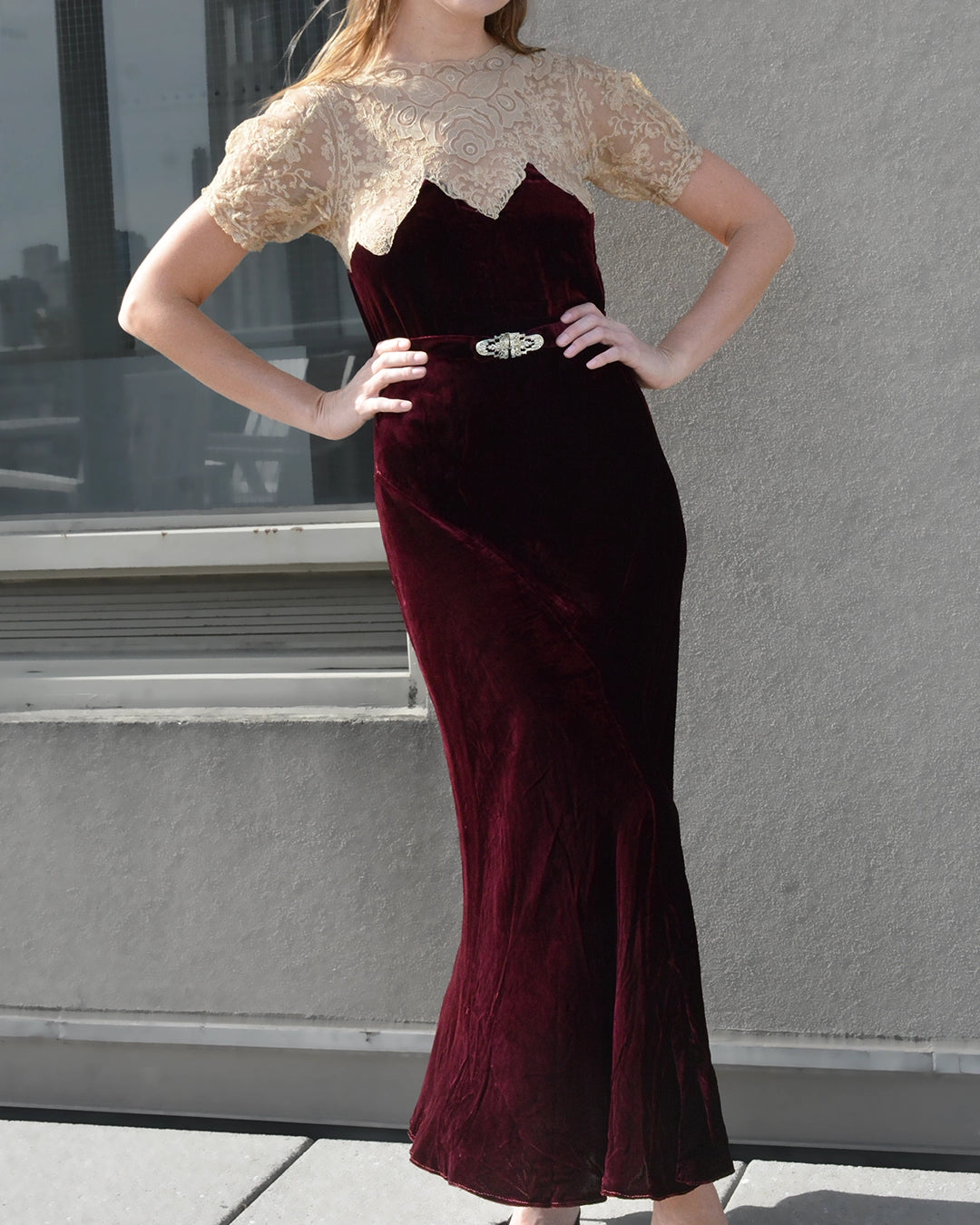 Vintage 1930s Bias-Cut Velvet and Lace Dress with Bolero