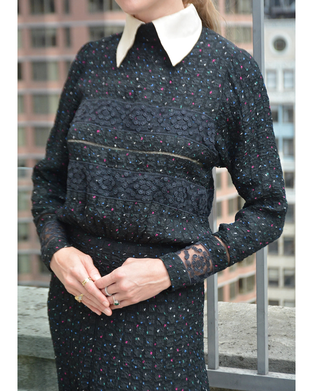 Vintage 1940s Lace-Inset Seersucker Collared Dress