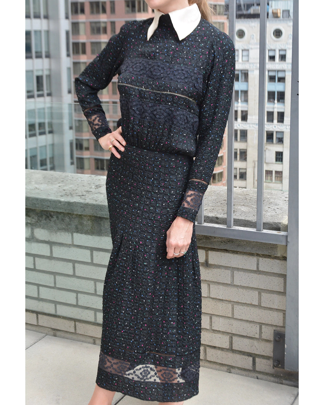 Vintage 1940s Lace-Inset Seersucker Collared Dress