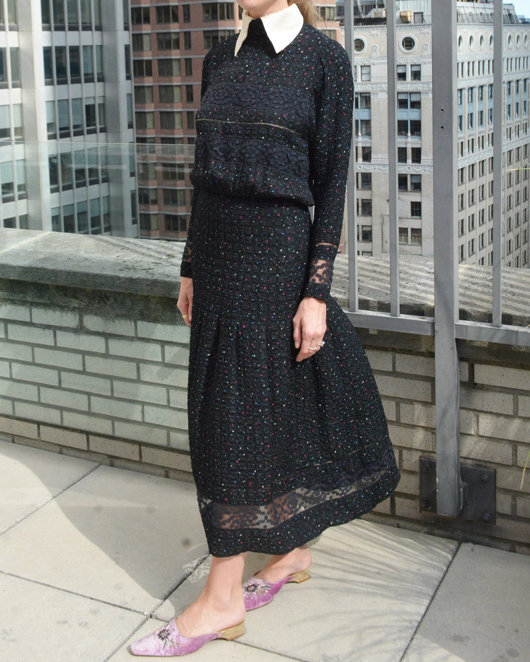 Vintage 1940s Lace-Inset Seersucker Collared Dress