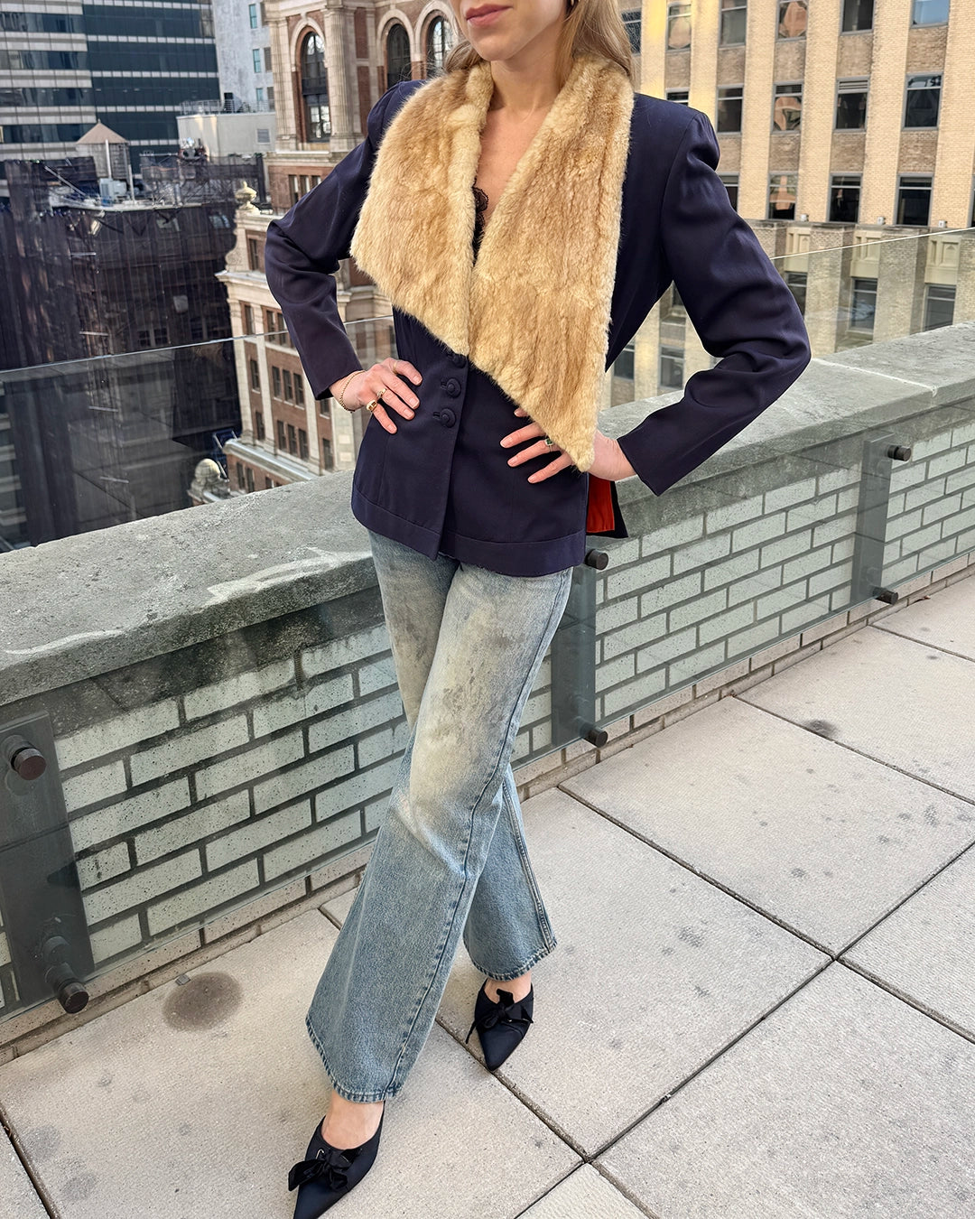 Vintage 1940s Wool Jacket with Asymmetrical Fur Collar