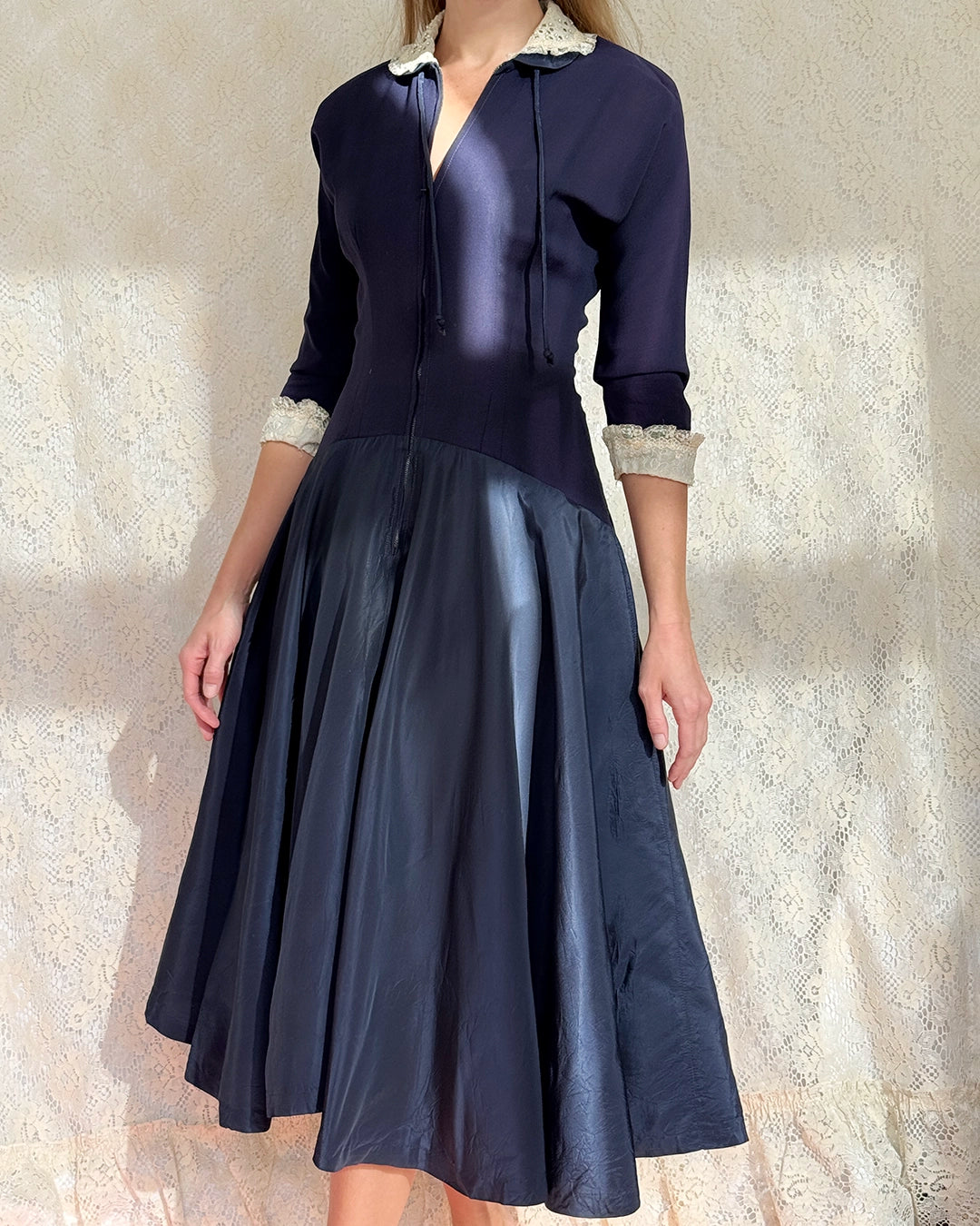 Vintage 1940s Zip-Front Drop-Waist Dress, in the style of Christian Dior's New Look
