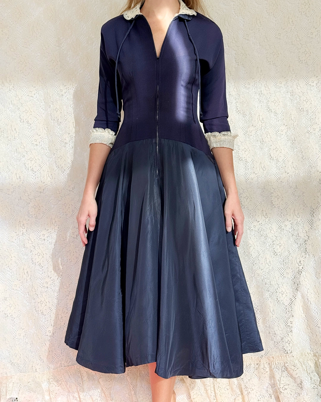 Vintage 1940s Zip-Front Drop-Waist Dress, in the style of Christian Dior's New Look