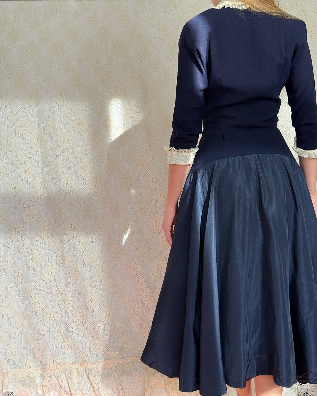 Vintage 1940s Zip-Front Drop-Waist Dress, in the style of Christian Dior's New Look