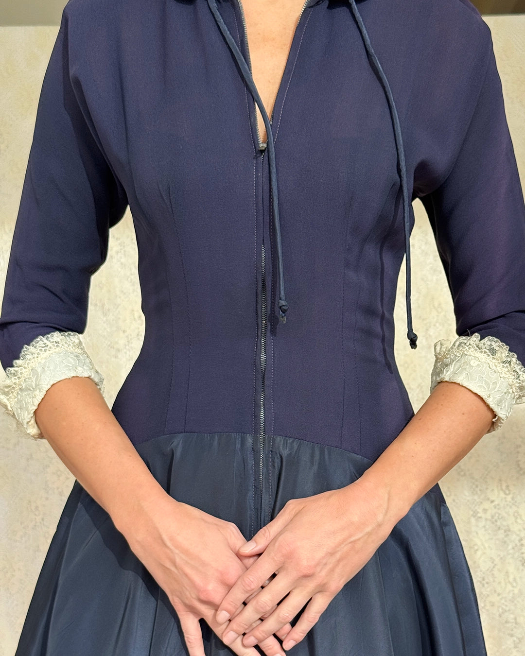 Vintage 1940s Zip-Front Drop-Waist Dress, in the style of Christian Dior's New Look