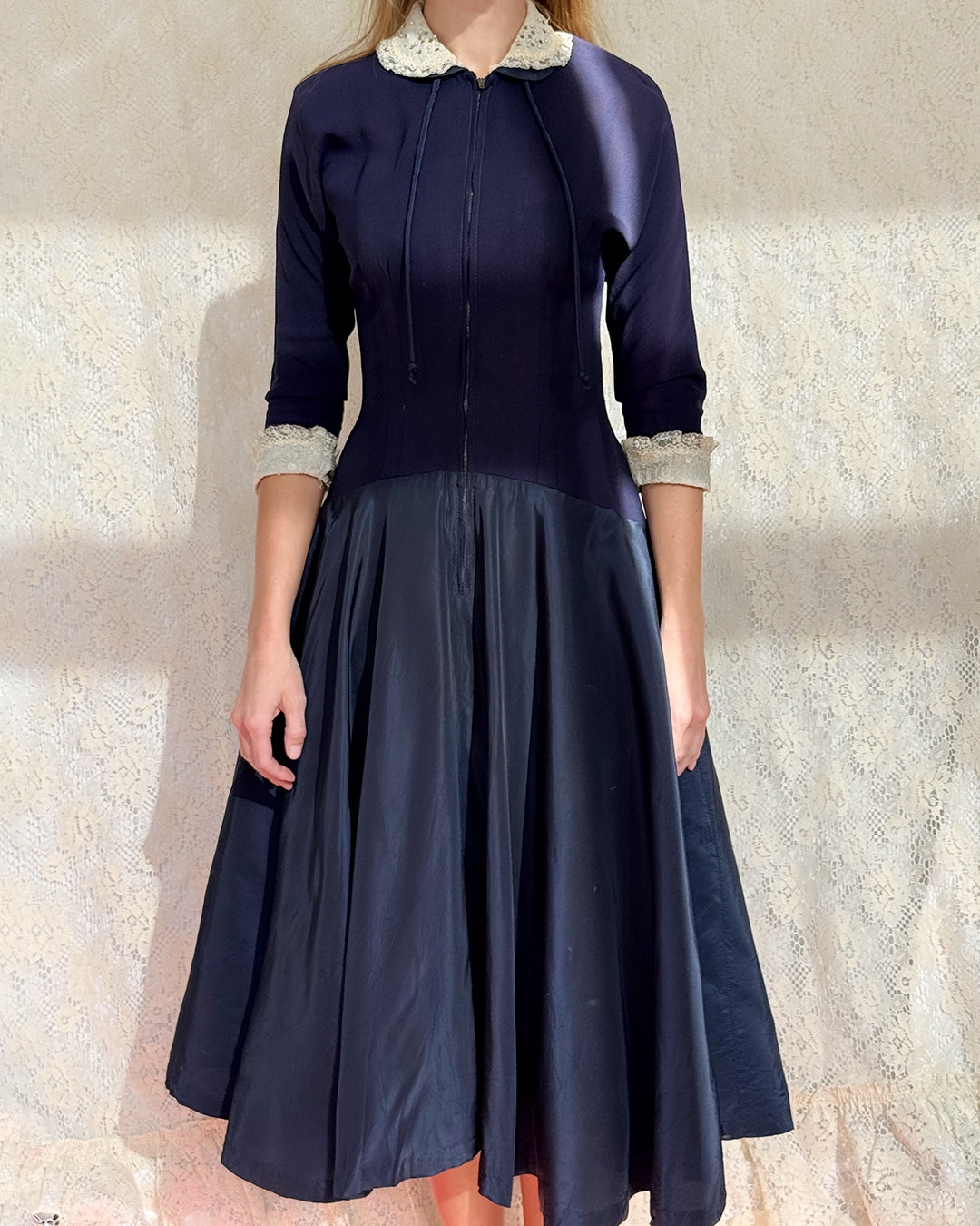 Vintage 1940s Zip-Front Drop-Waist Dress, in the style of Christian Dior's New Look
