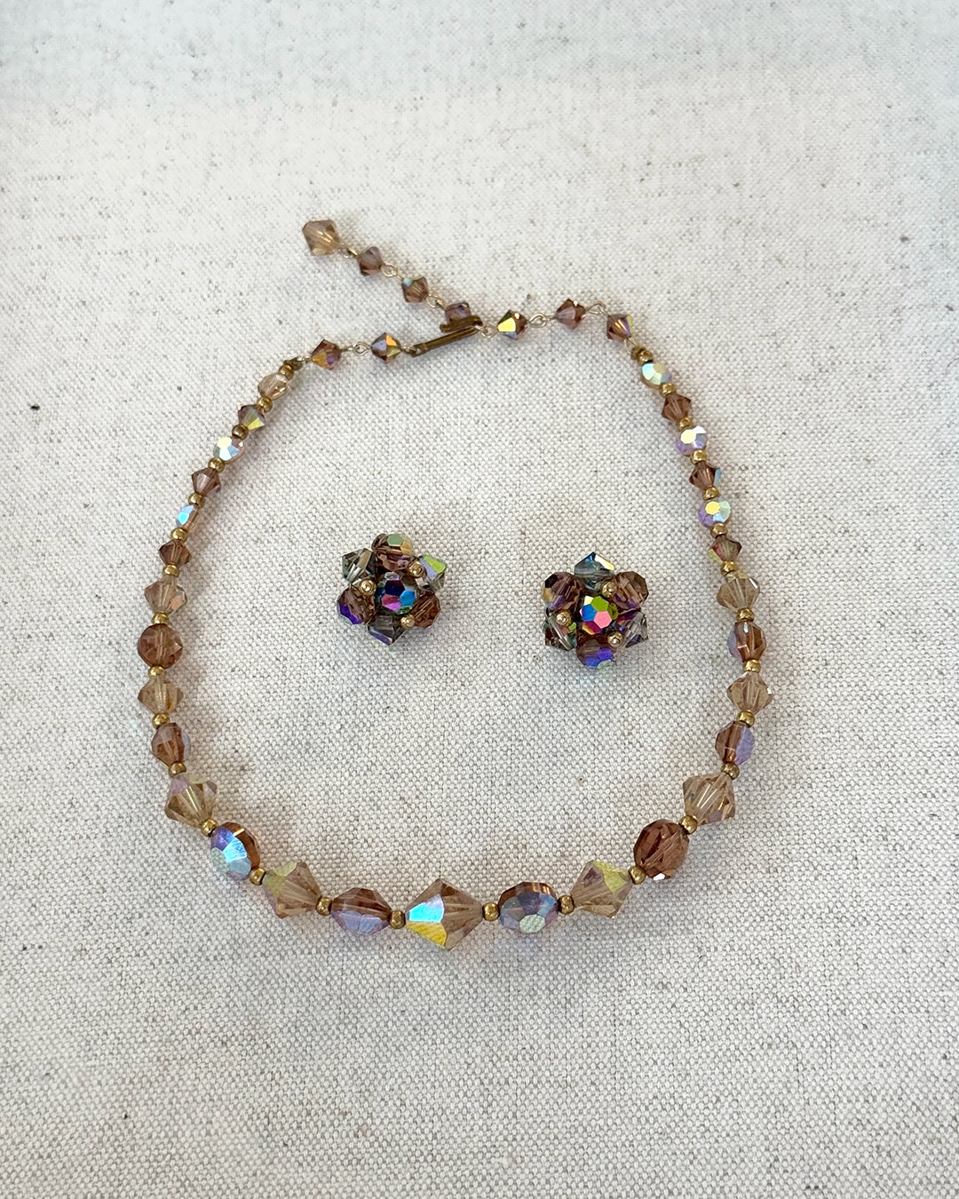 Vintage 1950s Aurora Borealis Topaz Bead Choker + Earrings Parure