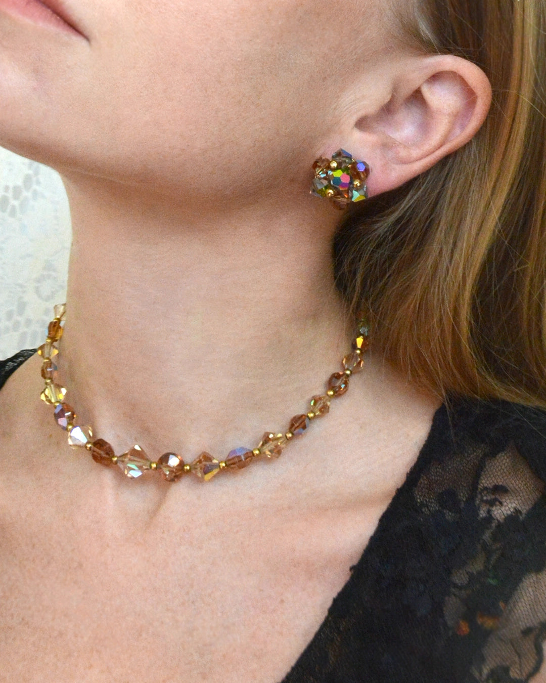 Vintage 1950s Aurora Borealis Topaz Bead Choker + Earrings Parure