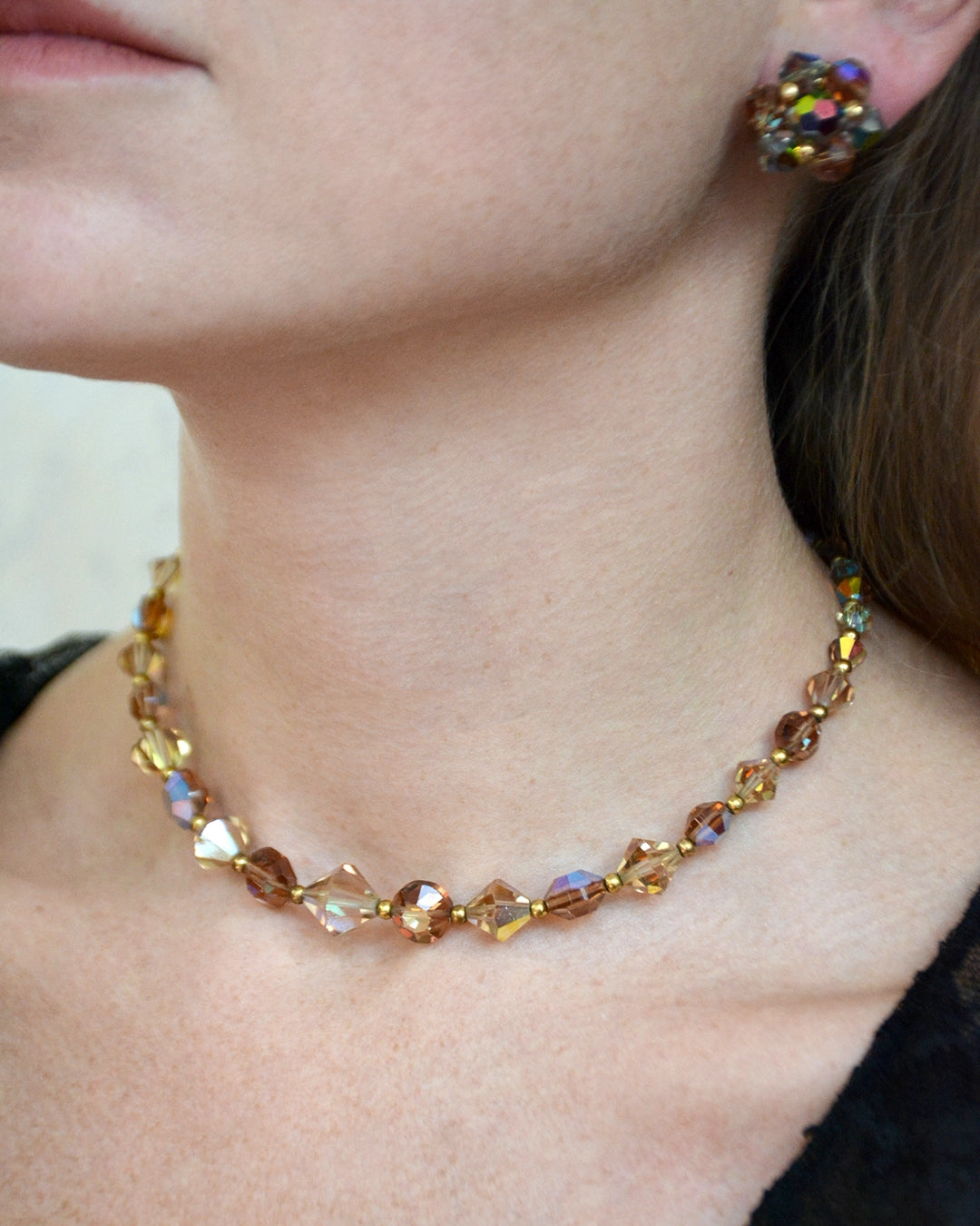 Vintage 1950s Aurora Borealis Topaz Bead Choker + Earrings Parure