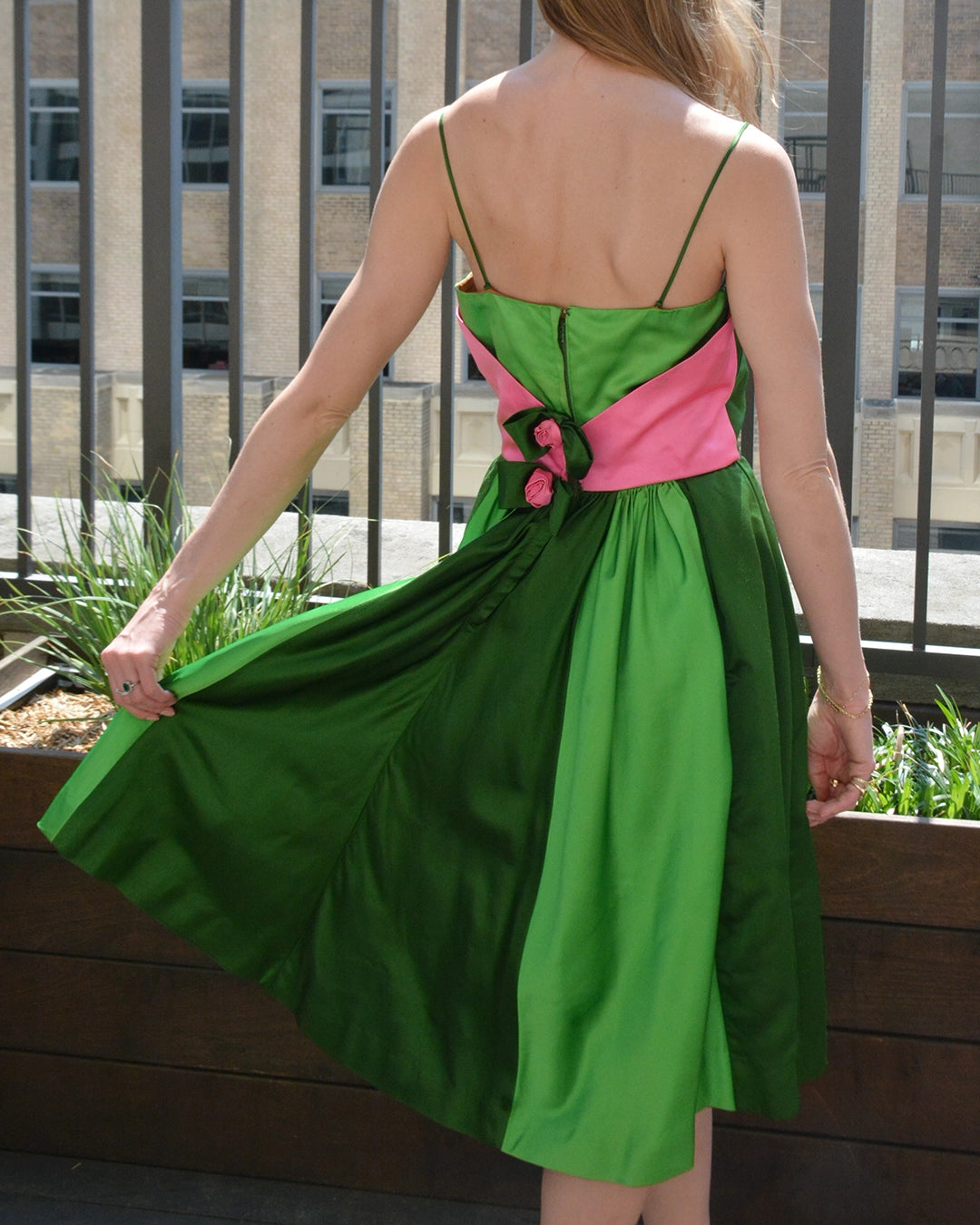 Vintage 1950s Custom-Made Silk Bustled Dress with Rosebud Appliqué, Bergdorf Goodman