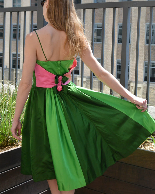 Vintage 1950s Custom-Made Silk Bustled Dress with Rosebud Appliqué, Bergdorf Goodman