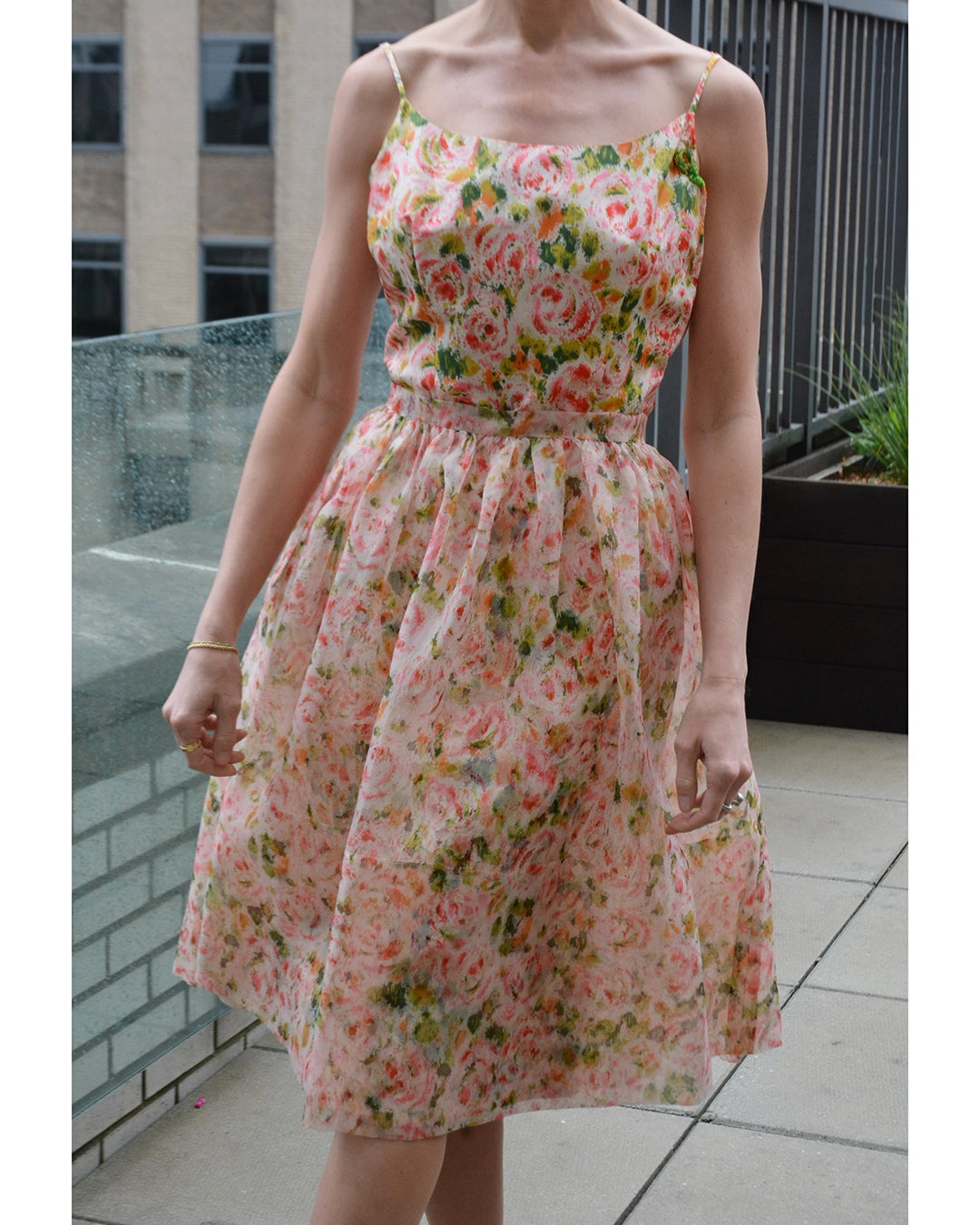 Vintage 1950s Floral Silk Wiggle Dress with Organza Overskirt