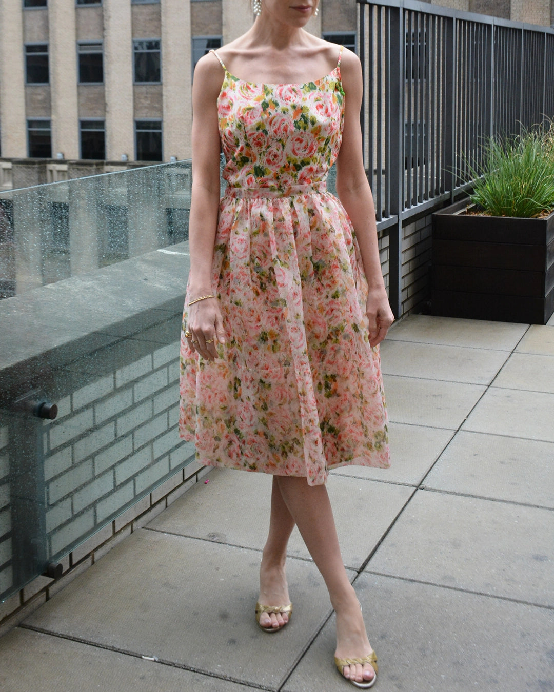 Vintage 1950s Floral Silk Wiggle Dress with Organza Overskirt