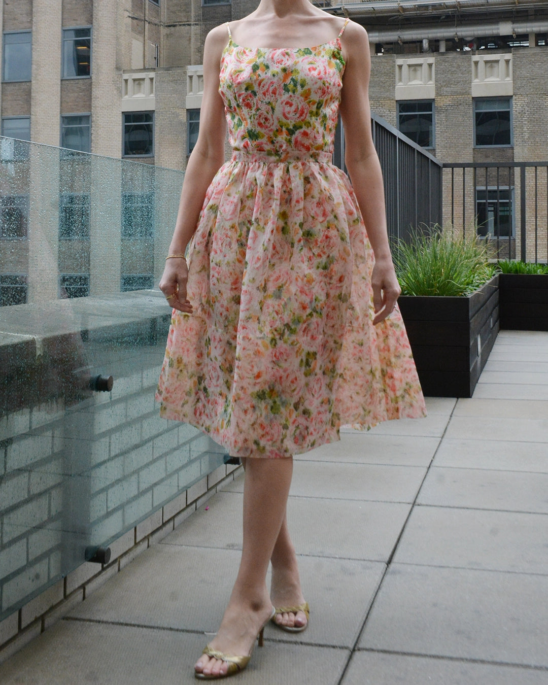 Vintage 1950s Floral Silk Wiggle Dress with Organza Overskirt